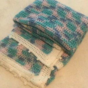 Handmade Crochet Baby Blanket Girl Boy Pastel Crib Blanket Blue Pink 48”x32”
